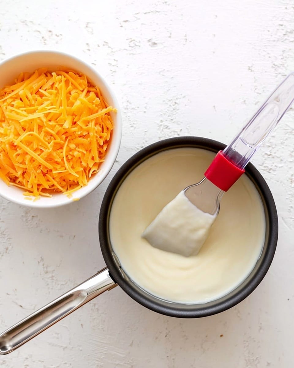 A small black saucepan filled with smooth, creamy white sauce is shown on the right side, with a clear spatula that has a red silicone tip resting inside, spreading the sauce evenly. To the left of the saucepan, a white bowl holds a pile of shredded orange cheese. Both items are placed on a white marbled surface. The scene is bright and clean, focusing on the simple contrast between the white sauce and the orange cheese. Photo taken with an iphone --ar 4:5 --v 7
