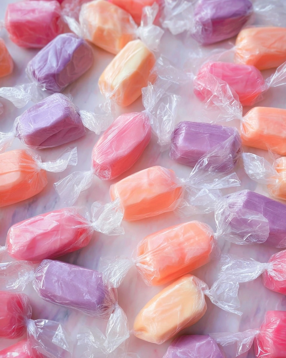 The image shows many soft candies wrapped in clear twisted wrappers. These candies are placed closely together, forming rows with three main colors: pink, peach, and light purple. Each candy has a smooth texture and a slightly shiny surface. The clear wrappers add a shiny and crinkly look around each candy, highlighting their shape. Everything is set against a white marbled background that is soft and clean, making the colorful candies stand out clearly. photo taken with an iphone --ar 4:5 --v 7