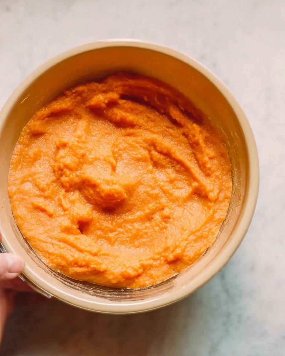 A close-up view of a light beige transparent white bowl filled with three layers of thick, smooth pureed orange carrots. The pureed carrots have a soft creamy texture with some small lumps and a shiny surface. The bowl is placed on a white marbled surface. A small part of a woman's hand is visible holding the side of the bowl. Photo taken with an iphone --ar 4:5 --v 7