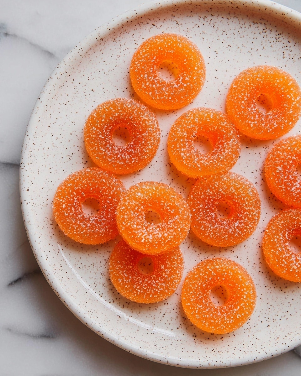 The image shows a white speckled plate with eleven round orange jelly candies arranged loosely across the surface. Each candy is ring-shaped with a small hole in the center and is coated lightly with granulated sugar, giving a slightly rough texture. The candies have a shiny, smooth surface under the sugar coating and a bright, translucent orange color. The plate rests on a white marbled surface, providing a clean and simple background. photo taken with an iphone --ar 4:5 --v 7