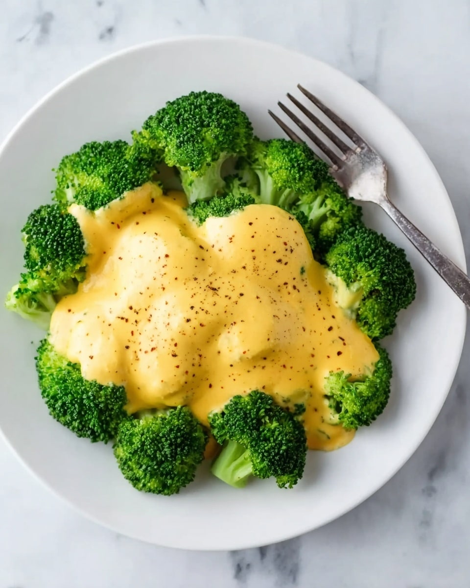 The image shows a white plate with bright green steamed broccoli florets arranged in a circle around the edges. On top of the broccoli, there is a thick layer of creamy, yellow cheese sauce that smoothly covers the broccoli, glowing softly with a few specks of black pepper or spices. A silver fork rests at the top right edge of the plate. The whole scene is set on a white marbled surface, giving a clean and fresh look. photo taken with an iphone --ar 4:5 --v 7