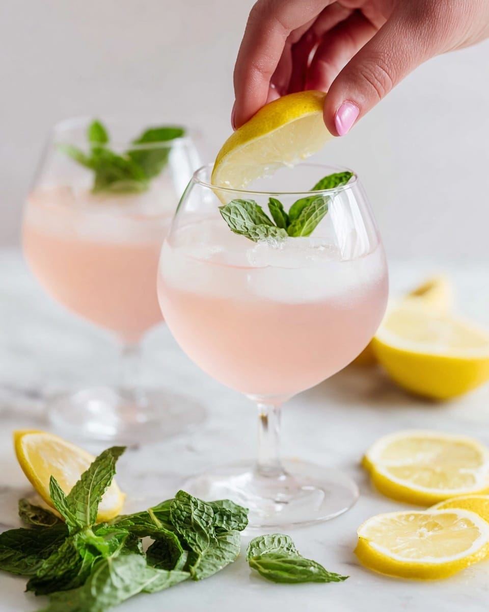 Two clear stemmed glasses hold a light pink drink filled with small ice cubes. Each glass has a sprig of fresh green mint floating on top. A woman's hand is holding a bright yellow lemon wedge above the front glass, about to squeeze it into the drink. On the white marbled surface below, there are fresh green mint leaves and several lemon wedges, some whole and some sliced. The background is a soft, clean white, keeping the focus on the colorful drinks and fresh garnishes. photo taken with an iphone --ar 4:5 --v 7