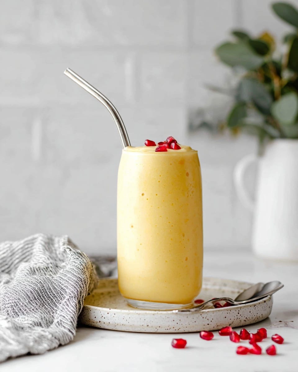 A tall, clear glass filled with a thick, creamy, pale yellow smoothie showing small air bubbles and soft texture, topped with a few small red pomegranate seeds floating on the surface; a silver metal straw is inserted into the smoothie from the top. The glass sits on a speckled white plate, placed on a white marbled surface. A gray and white striped cloth is casually draped next to the plate on the left side, and scattered red pomegranate seeds along with a silver spoon are on the right side. In the blurred background, there is a white vase with green leaves. Photo taken with an iphone --ar 4:5 --v 7