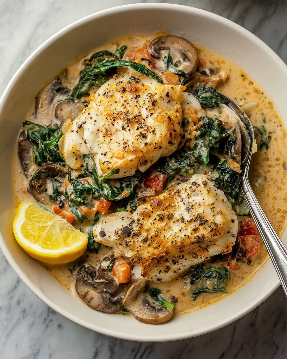 A white bowl on a white marbled surface holds a creamy dish with two thick pieces of white fish fillet, lightly browned and sprinkled with black pepper. The fish is layered on a sauce full of cooked spinach leaves, sliced mushrooms, and small chunks of orange-red tomatoes, giving a mix of green, dark brown, and orange colors in a creamy light brown sauce. A bright yellow lemon wedge rests inside the bowl on one side. A metal spoon is partially visible, touching the food. The photo taken with an iphone --ar 4:5 --v 7