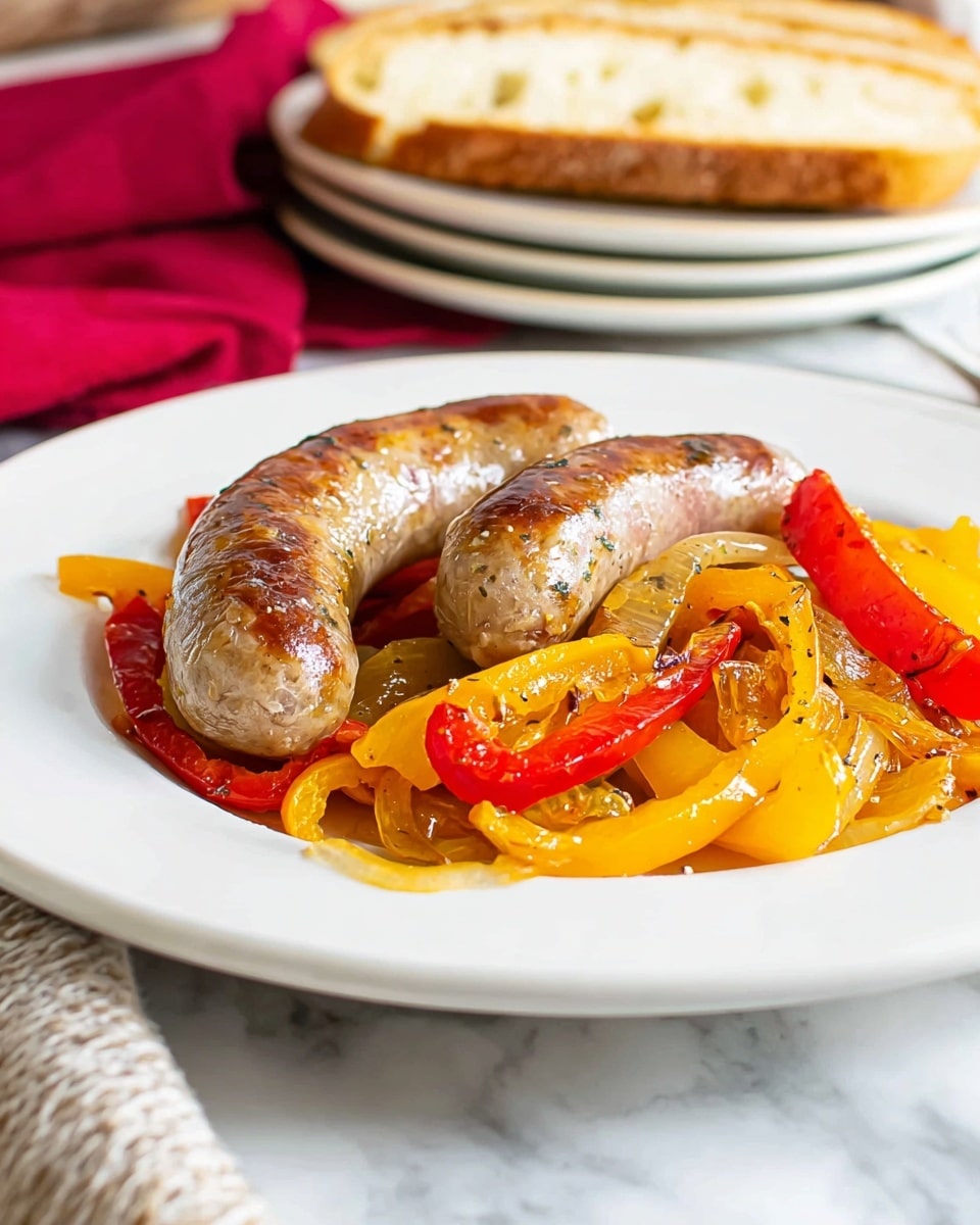The image shows a white plate with two brown sausages on top. Under the sausages, there are cooked yellow and red pepper strips mixed with some light brown cooked onions. The peppers look soft and shiny, and the sausages have small bits of seasoning and a slightly glossy surface. The plate is placed on a white marbled surface. In the background, there is a stack of white plates with slices of bread on top and a red cloth on the left side. Photo taken with an iphone --ar 4:5 --v 7