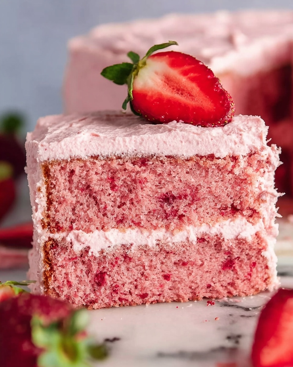 The image shows a two-layer pink cake with thick, light pink frosting between and all over the layers. The cake spongy texture is visible with small red bits inside. On top, a fresh red strawberry, sliced in half with green leaves, rests slightly tilted. The cake sits on a white marbled surface with some blurred strawberries in the background. The frosting has a slightly rough, creamy texture with small bits mixed in. Photo taken with an iphone --ar 4:5 --v 7