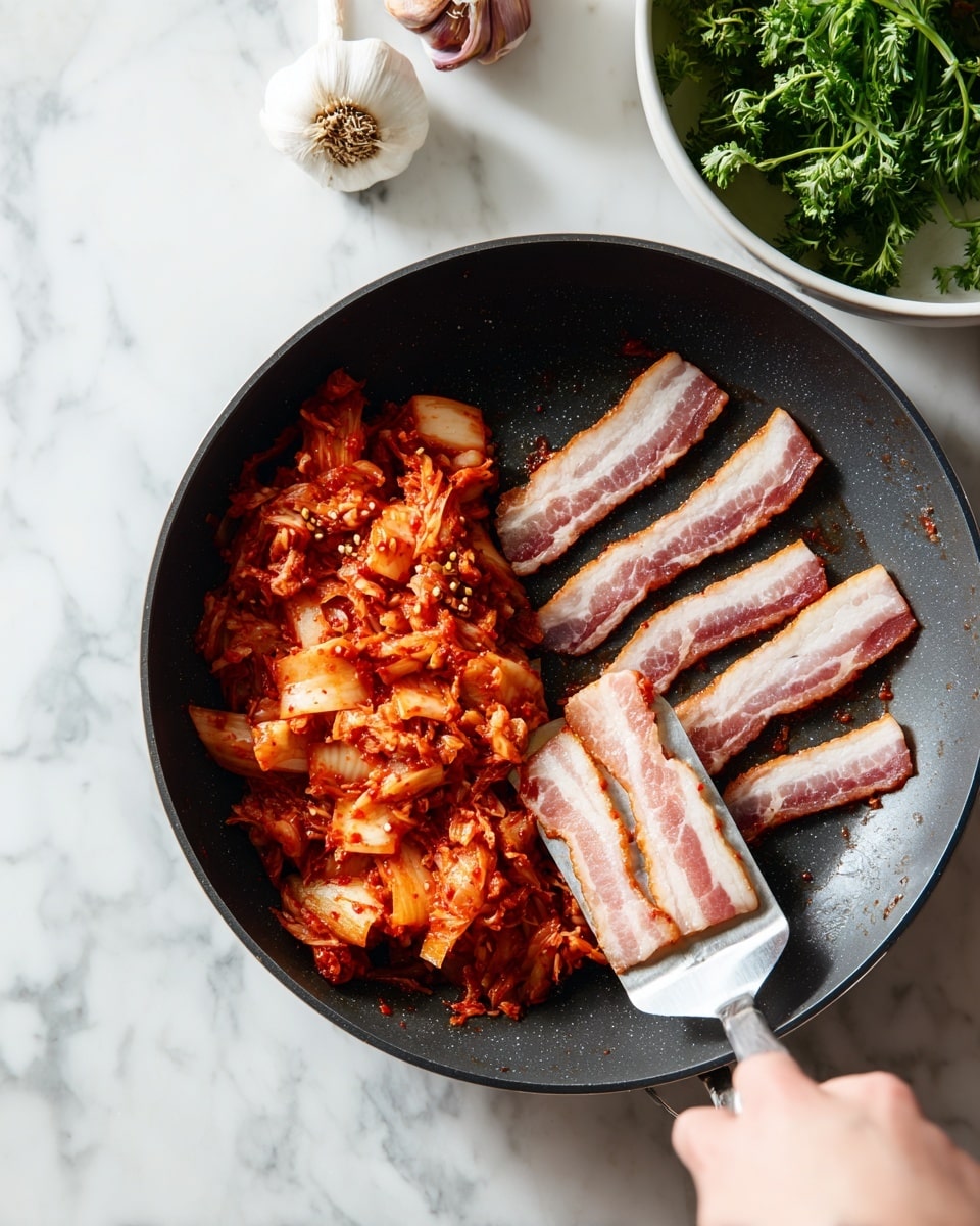 A black frying pan holds two main layers of food on top of a white marbled surface. On the left side, there is a layer of red-orange cooked kimchi with visible chunks of cabbage and small bits of seasoning. On the right side, several pieces of uncooked bacon are arranged flat, showing the white fat and pink meat stripes. A woman’s hand with a metal spatula is lifting one of the bacon pieces slightly. In the top right corner, part of a white bowl filled with fresh green herbs is visible, and a whole garlic bulb sits on the upper left area of the white marbled surface. Photo taken with an iphone --ar 4:5 --v 7