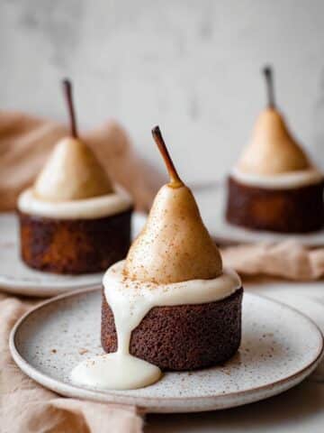 Mini Poached Pear Cardamom Cakes with Maple Cream Sauce Recipe