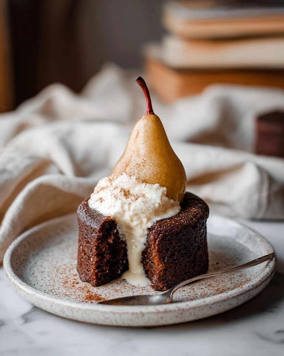 A small, round dark brown cake sits on a white speckled plate. On top of the cake, there is a whole pear, light yellow in color with a touch of red near the stem, standing upright. The pear is draped with dripping white cream, slightly dusted with a light brown powder. One slice of the cake is missing, showing a moist and textured inside with some cream melting down the side. A silver spoon rests on the edge of the plate. The scene is set on a white marbled surface with soft, neutral-toned fabric and books blurred in the background. photo taken with an iphone --ar 4:5 --v 7