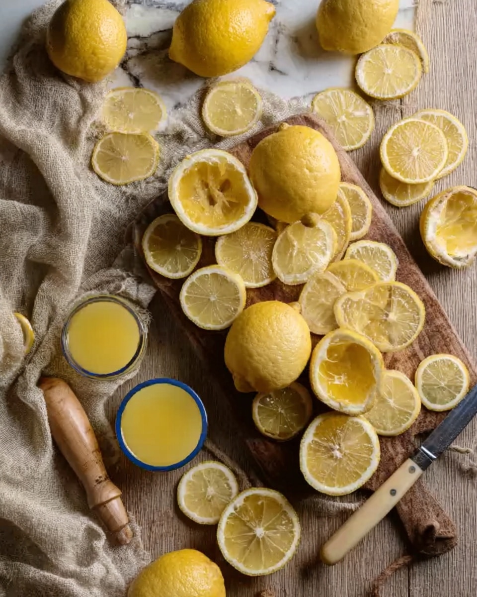 The image shows a wooden board filled with many lemon halves and slices arranged around it. There are two small glass bowls filled with yellow lemon juice placed near the bottom left. A small wooden citrus juicer and two knives with light wooden handles are also on the board. A beige cloth is draped casually on the left side. The background is a white marbled surface with a relaxed, natural setup. Photo taken with an iphone --ar 4:5 --v 7