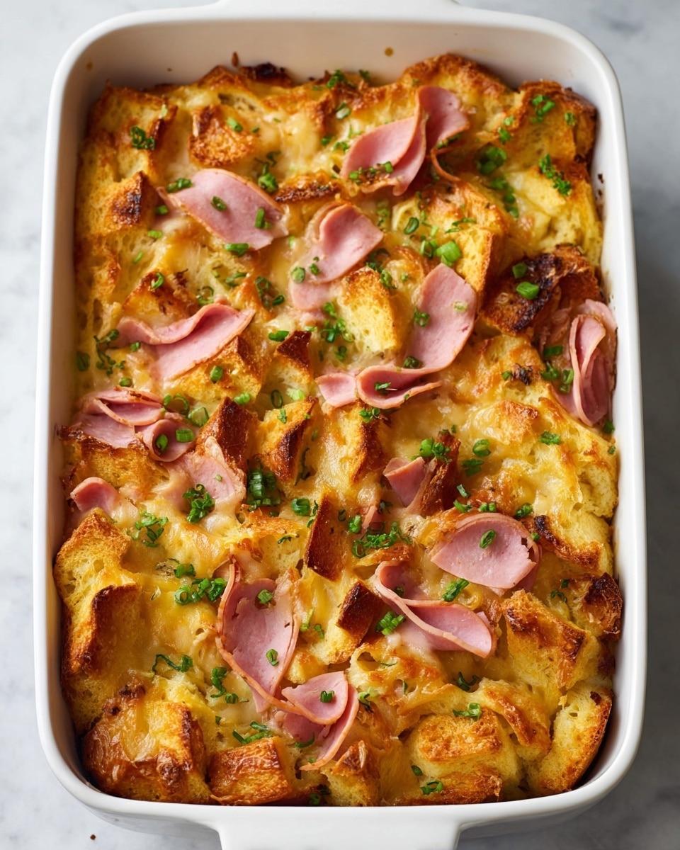 The dish shows a white baking dish filled with a baked casserole made of multiple layers. The base layer consists of light golden bread pieces with a puffy, soft texture, some edges browned and slightly crisp. On top of the bread, there are thin slices of ham, pinkish with browned edges, scattered unevenly across the surface. Small pieces of chopped green herbs are sprinkled evenly over the entire dish, adding a fresh color contrast. The casserole looks warm and slightly crispy on the edges, all set on a white marbled textured surface. photo taken with an iphone --ar 4:5 --v 7