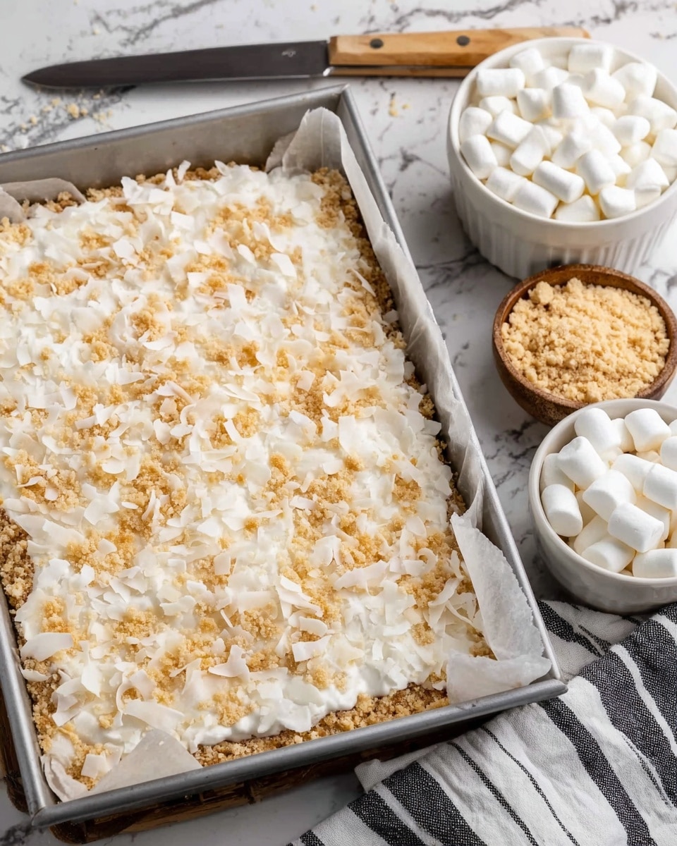 A rectangular metal pan lined with parchment paper contains a crispy, layered dessert. The bottom layer is golden and crunchy, topped with a thick creamy layer covered with a mix of white shredded flakes and light brown crumbly bits scattered evenly across the top. Next to the pan, there is a white bowl filled with small, fluffy white marshmallows and a small white dish with more white shredded flakes. The background shows a white marbled surface with a knife resting on a black and white striped cloth. photo taken with an iphone --ar 4:5 --v 7