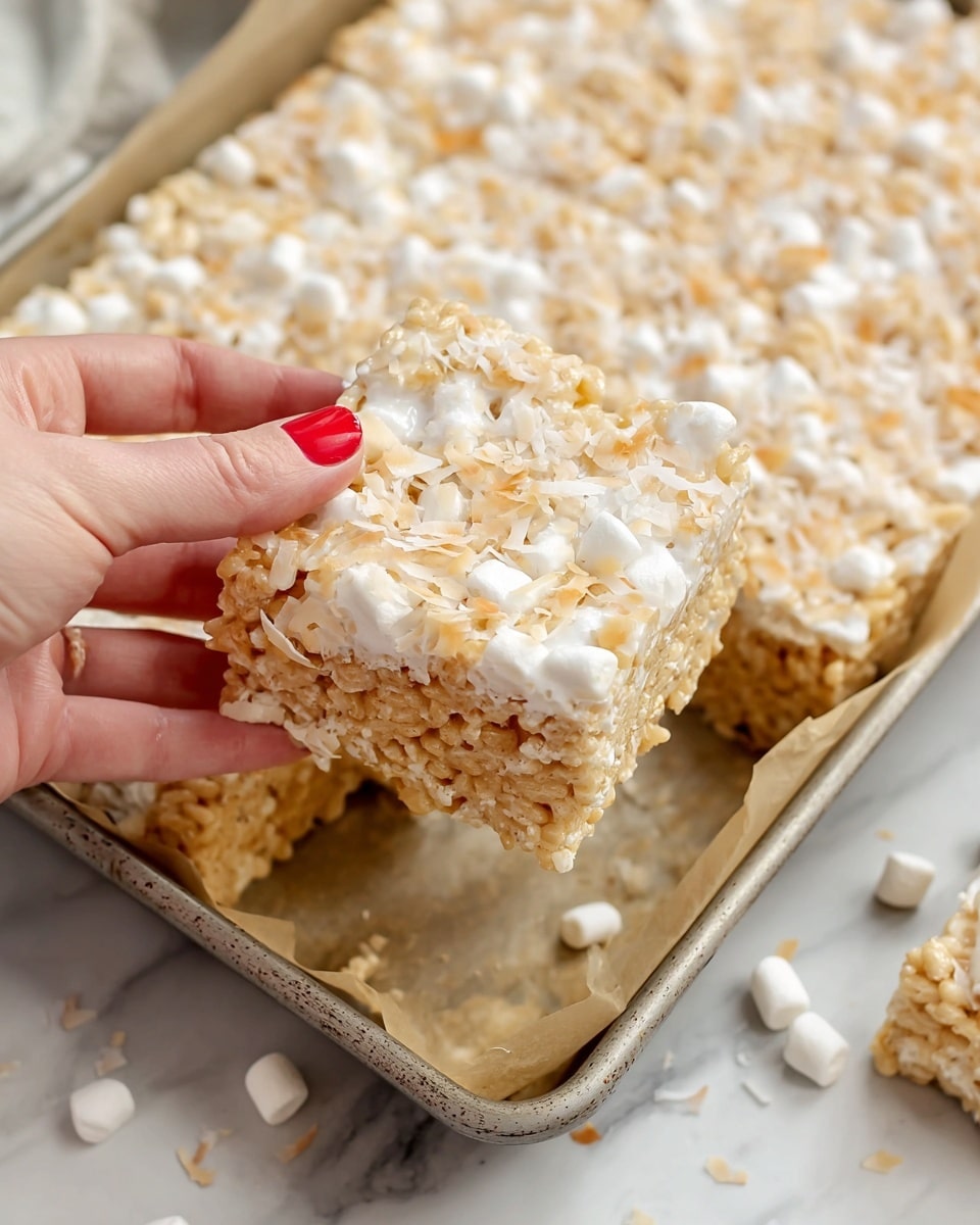 A square bar of light golden rice cereal mix with melted white marshmallows is being held by a woman's hand with red nail polish, showing the soft, sticky texture inside filled with small white marshmallows and sprinkled shredded coconut on top. The bar is lifted from a deep rectangular metal pan lined with parchment paper that has more of the same uncooked mixture pressed evenly inside. The scene is set on a white marbled surface with a few loose rice cereal pieces and mini marshmallows scattered around. The photo taken with an iphone --ar 4:5 --v 7