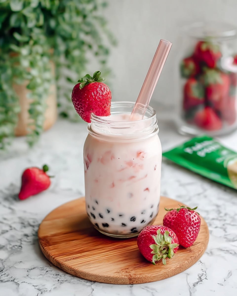 A clear glass jar filled with a creamy light pink drink mixed with small pieces of strawberry and black tapioca pearls settled at the bottom. The jar has a pale pink straw inside and a fresh red strawberry with green leaves attached to the rim. The jar sits on a round wooden board, with three whole red strawberries with green tops scattered around it. The background is a white marbled surface with a blurred glass container filled with strawberries and a green leafy plant. A green tea package and a jar lid are also slightly visible nearby. photo taken with an iphone --ar 4:5 --v 7