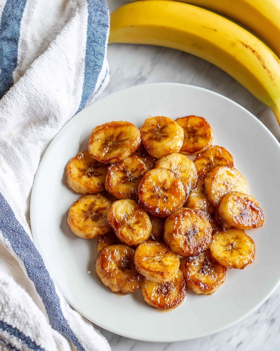 A white plate holds one layer of round banana slices that are golden brown and slightly caramelized with a shiny glaze on top, showing a soft and slightly textured surface with some darker spots from cooking. The plate is placed on a white marbled texture surface. In the corner of the image, two whole yellow bananas are partially visible, and a white cloth with blue stripes is casually draped partly over the plate. Photo taken with an iphone --ar 4:5 --v 7
