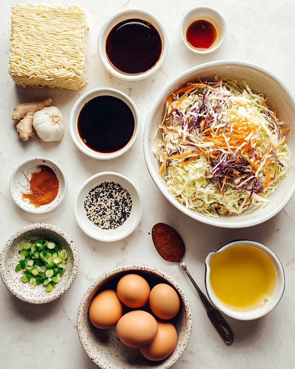 The image shows a collection of raw ingredients arranged on a white marbled surface. At the center right, there is a large white bowl filled with shredded cabbage mixed with thin strips of orange carrots and purple cabbage, adding a mix of white, orange, and purple colors. Below it is a brown and white bowl holding three whole brown eggs. To the bottom left, a white bowl with black speckles contains chopped green onions with light and dark green sections. Next to that, a small white dish holds a mix of black and white sesame seeds. Above these are a small dark brown bowl with four cloves of garlic and a piece of ginger, and a yellow container with a bright golden liquid. At the top, three white bowls hold various dark sauces with shades of black, dark brown, and reddish brown, and an orange-brown powder sits next to a spoon with some black pepper on the white surface. To the far left, there’s an uncooked block of instant noodles with a pale orange tone on white paper. Photo taken with an iphone --ar 4:5 --v 7