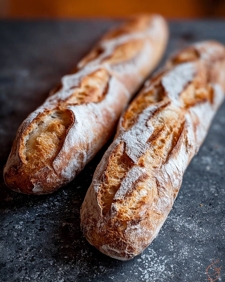 Two long baguettes lie side by side on a surface with white flour scattered on it, the background changed to a white marbled texture. Each baguette has a golden brown crust with deep cuts along the top showing a soft, creamy inside. The outer crust is crisp with a light dusting of flour, showing rough and crunchy texture. Photo taken with an iphone --ar 4:5 --v 7