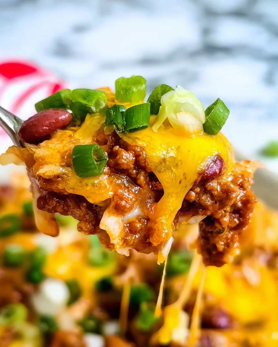 A close-up of a spoonful of a layered dish with melted yellow cheese dripping down, red beans, ground meat, and small pieces of white onion, topped with bright green sliced spring onions. The background shows a white marbled surface and blurred parts of the dish, highlighting the rich textures and vivid colors of the food. photo taken with an iphone --ar 4:5 --v 7
