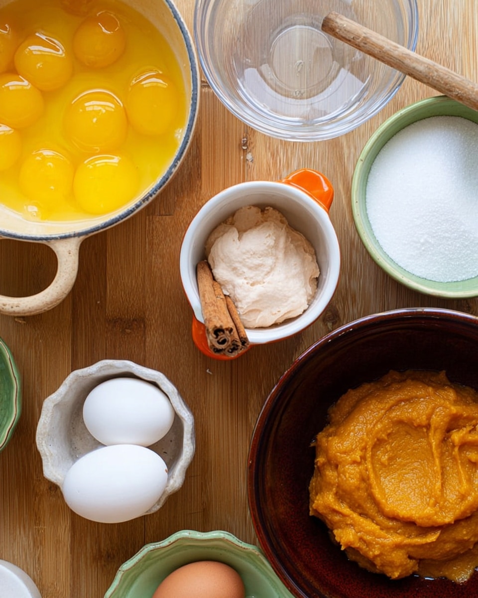 The image shows a close top view of several bowls with baking ingredients on a wooden surface. There is a large bowl on the left filled with bright yellow egg yolks and a few egg whites. Nearby, a white bowl with an orange handle holds a pale cream mixture with a cinnamon stick on top. To the right, a dark brown bowl contains thick, smooth orange pumpkin puree. Above this, a clear glass bowl with a white liquid is partially visible. A small white bowl filled with fine white sugar sits near the bottom right. At the top, a small white bowl holds a white powder, possibly baking soda, next to an empty eggshell in a white bowl with green edges. The scene’s background is a white marbled texture photo taken with an iphone --ar 4:5 --v 7