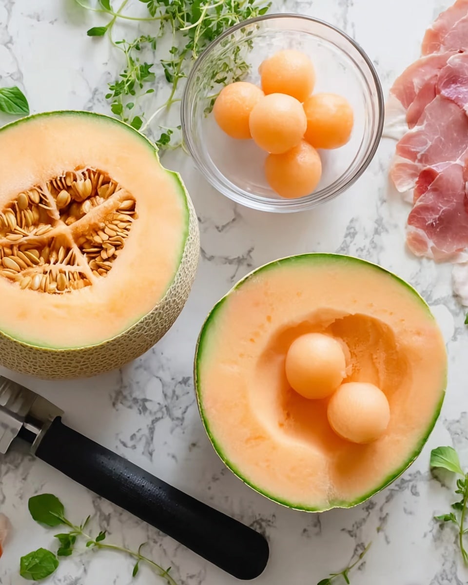 The image shows a halved cantaloupe melon on a white marbled surface with its seeds still inside, and the other half with round melon balls scooped out from the flesh, creating a pattern around the edge with one missing from the center. A black-handled melon baller is placed next to the scooped half, holding one melon ball. Nearby, there is a clear glass bowl containing several melon balls. On the top right, a slice of light pink cured meat rests partially visible on the white marbled surface. Fresh green herbs are scattered around the scene, adding color contrast. Photo taken with an iphone --ar 4:5 --v 7