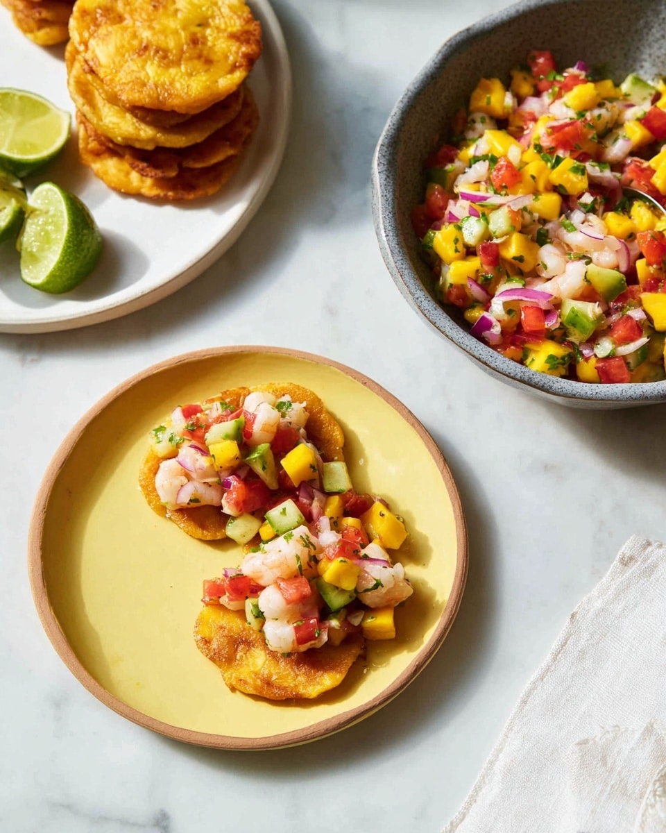The image shows two golden brown small tostones (twice-fried plantain slices) topped with a bright, colorful shrimp ceviche made of white shrimp pieces mixed with diced yellow mango, red tomatoes, green cucumber, and red onions. These tostones are placed on a round yellow plate at the bottom center. To the top right, a gray bowl is filled with the same shrimp ceviche showing layers of shrimp, yellow mango, tomatoes, cucumbers, red onions, and green herbs. At the top left, a white plate holds a stack of plain tostones. Two lime wedges sit on the white marbled surface near the plates. A woman’s hand is not present but there is a white cloth at the bottom right corner. The light is soft and natural, highlighting the textures and fresh colors. Photo taken with an iphone --ar 4:5 --v 7