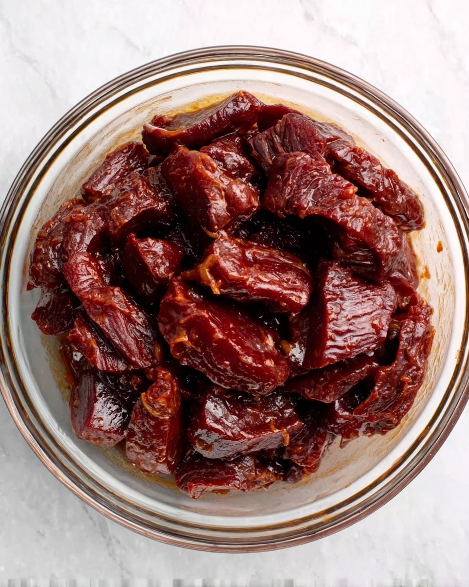A clear glass bowl filled with dark red-brown slices of meat coated in a thick, shiny sauce that gives a rich, glossy texture. The meat pieces vary in size and shape, layered loosely inside the bowl, with some edges showing a slightly darker caramelized look. The bowl sits on a white marbled surface, highlighting the deep color and moist texture of the meat. Photo taken with an iphone --ar 4:5 --v 7