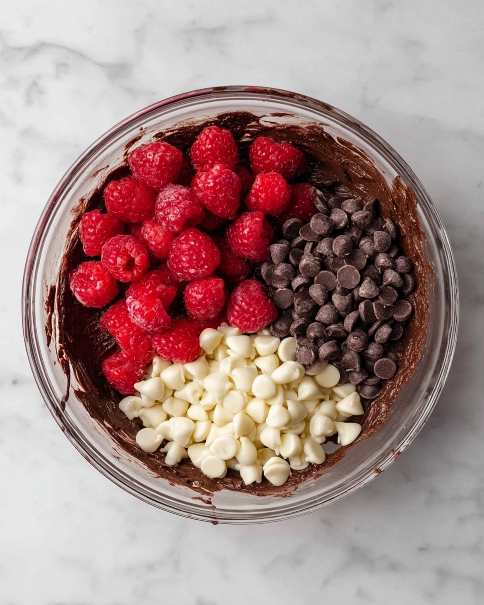 A clear glass bowl sits on a white marbled surface, filled with dark chocolate batter that coats the bottom and sides. On top of the batter are three distinct piles: one of bright red raspberries with a soft, slightly fuzzy texture, another of small, smooth, dark chocolate chips, and a third pile of creamy white chocolate chips that are glossy and plump. The three piles are arranged separately, creating a visual contrast between the deep brown, red, dark brown, and white colors. photo taken with an iphone --ar 4:5 --v 7