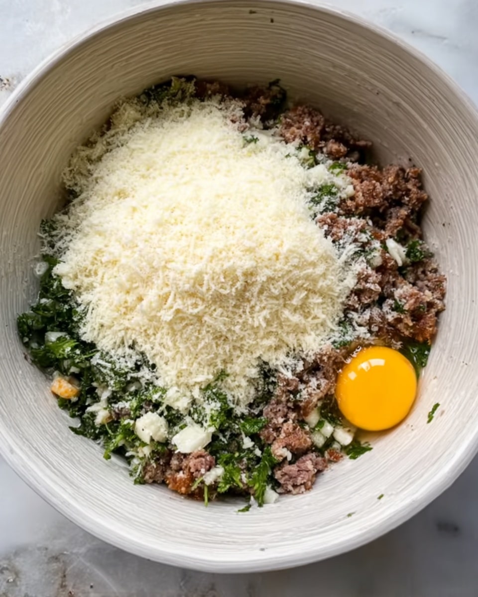 A white bowl with a mixture of several layers inside: at the bottom, there are small pieces of brown cooked meat mixed with chopped green herbs and bits of orange. On top of this, a large mound of finely grated white cheese covers most of the meat and herbs. To the side, there is an unbroken yellow egg yolk sitting on the mixture. The inside of the bowl is slightly textured with a pale, subtle pattern. The scene is set on a white marbled surface. Photo taken with an iphone --ar 4:5 --v 7