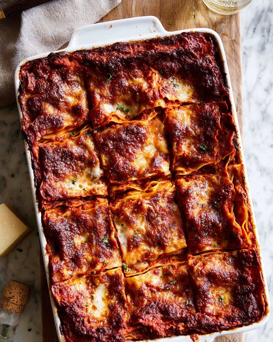 A white rectangular dish holds a baked lasagna cut into nine pieces. The top layer is a rich, dark red tomato sauce with browned, melted cheese spots that show a slightly crispy and textured surface. Below, multiple layers of pasta sheets are slightly visible under the sauce, with some edges browned and curled. The lasagna sits on a white marbled surface with a piece of parmesan and a cork nearby, adding a rustic touch. photo taken with an iphone --ar 4:5 --v 7