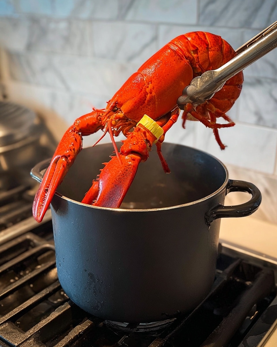 A bright red cooked lobster with a yellow band on one claw is being lifted by metal tongs above a large, black cooking pot. The lobster shows detailed texture on its shell and legs. The pot is placed on a gas stove with black grates, and the background shows a white marbled surface and light-colored tile wall. The scene suggests the lobster is just taken out from boiling inside the pot. photo taken with an iphone --ar 4:5 --v 7