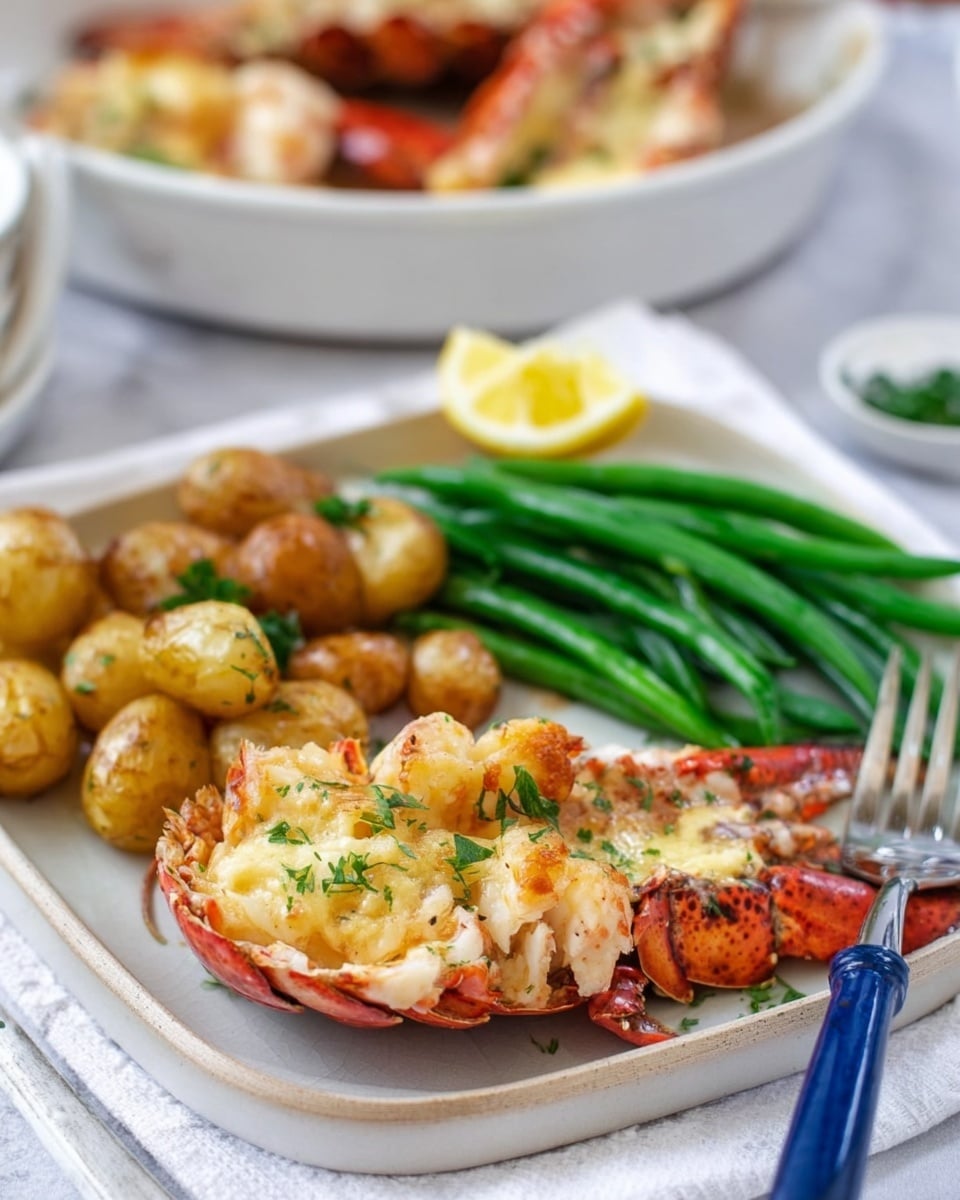 On a square white plate with a white marbled surface underneath, there is a colorful meal with three main parts. On the left side, there is a pile of small golden-brown roasted potatoes with a crispy texture. Next to the potatoes is a bunch of fresh green beans, long and smooth with a bright green color. On the right side of the plate, a red lobster half is filled with creamy, melted light yellow cheese, slightly browned on top, and bits of herbs sprinkled all over. A wedge of lemon with pale yellow flesh is placed near the top right corner of the plate. A blue-handled fork is set on the bottom right edge of the plate. In the blurry background, a white bowl holds more lobster dish. photo taken with an iphone --ar 4:5 --v 7