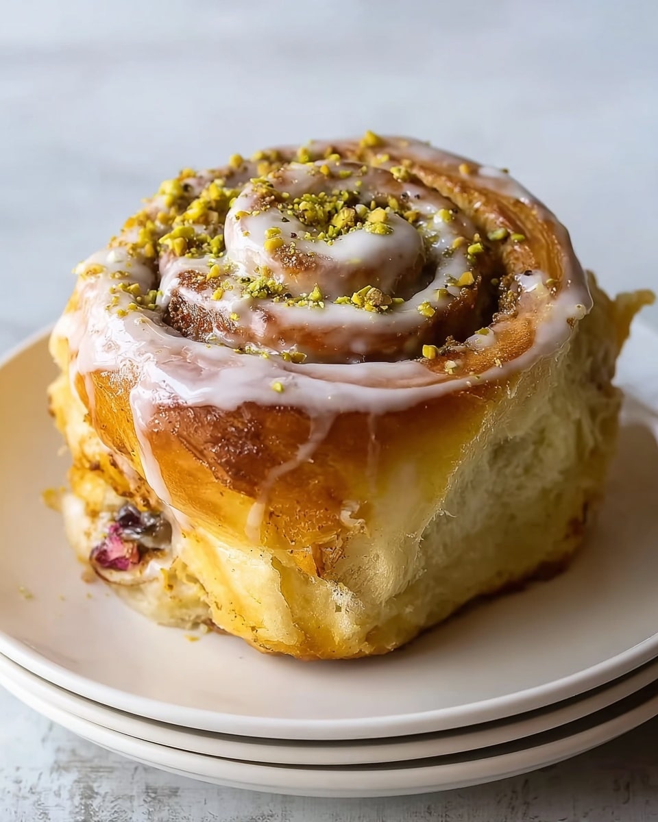 A close-up view of a thick cinnamon roll with a golden brown top swirl covered lightly with white icing and sprinkled with green crushed pistachios at the center. The roll has four visible spiral layers, with the outer layers being a soft yellow color and fluffy texture. The bottom edges appear slightly caramelized and sticky, with bits of dark filling visible inside the layers. The roll sits on two stacked white plates placed on a white marbled surface. Photo taken with an iphone --ar 4:5 --v 7