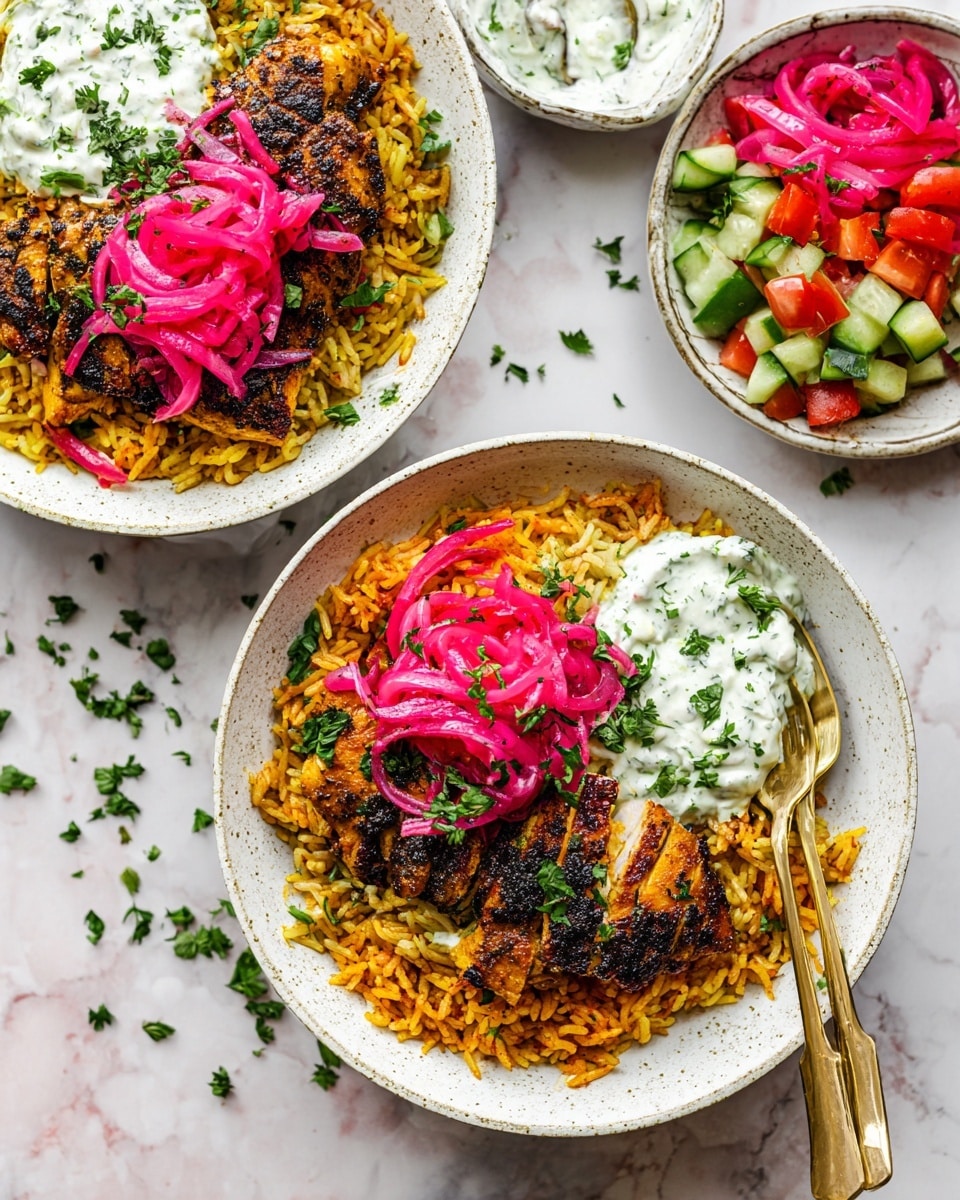 Two white bowls filled with a layered dish sit on a white marbled surface. Each bowl contains a base layer of yellow-orange seasoned rice with a slightly moist and fluffy texture. On top of the rice is a single piece of dark, charred grilled chicken with a crispy texture. Bright pink pickled onions are scattered over the chicken, adding a pop of color and texture. To the side of the chicken and rice is a scoop of creamy white sauce speckled with green herbs. Next to the bowls, smaller white bowls hold more pink pickled onions, colorful diced salad with green cucumber, red bell pepper, and purple onion, and extra creamy herb sauce. A golden fork lies inside one of the bowls. Sprinkles of chopped fresh parsley are scattered over the dish and the marbled surface. Photo taken with an iphone --ar 4:5 --v 7