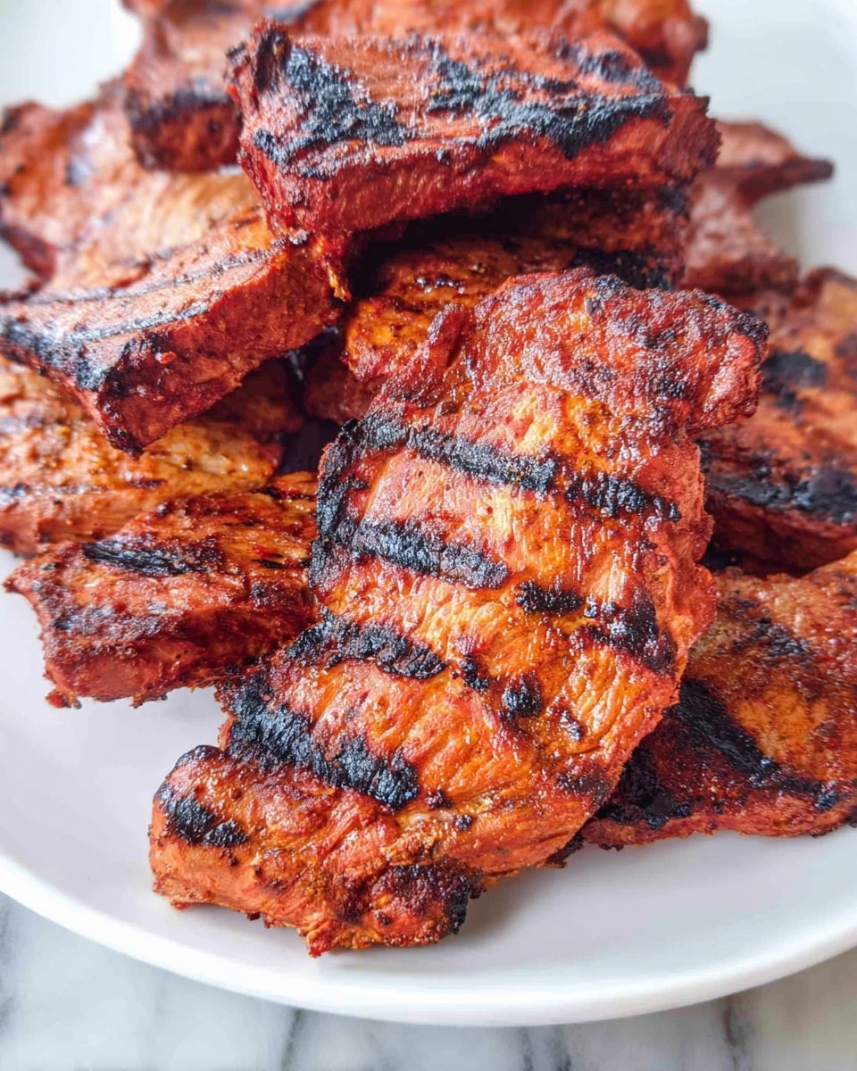 The image shows a close-up of several pieces of grilled meat stacked on a white plate. Each piece has a rich reddish-brown color with charred black grill marks running across the surface. The texture looks slightly rough with some crispy edges, and the meat pieces vary in shape and size, layered unevenly over one another. The background surface is a white marbled texture. photo taken with an iphone --ar 4:5 --v 7