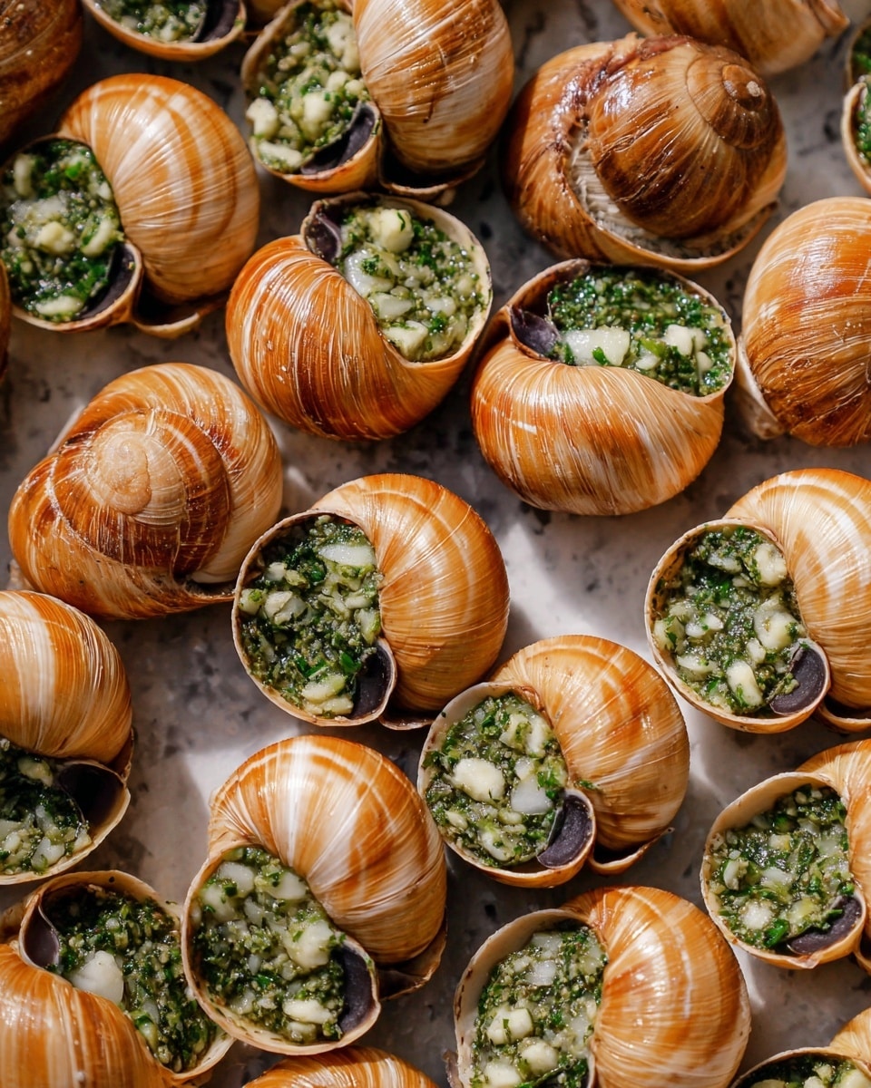 The image shows many large snail shells arranged closely together on a surface with a white marbled texture. Each shell is light brown with smooth, glossy stripes and is filled with a finely chopped mix of green herbs, white garlic pieces, and a little oil or butter. The filling is packed inside the shell openings, and the dark snail meat is slightly visible inside. The shells' round shapes and shiny textures contrast with the rough, green and white herb and garlic filling, creating a colorful, fresh look. Photo taken with an iphone --ar 4:5 --v 7