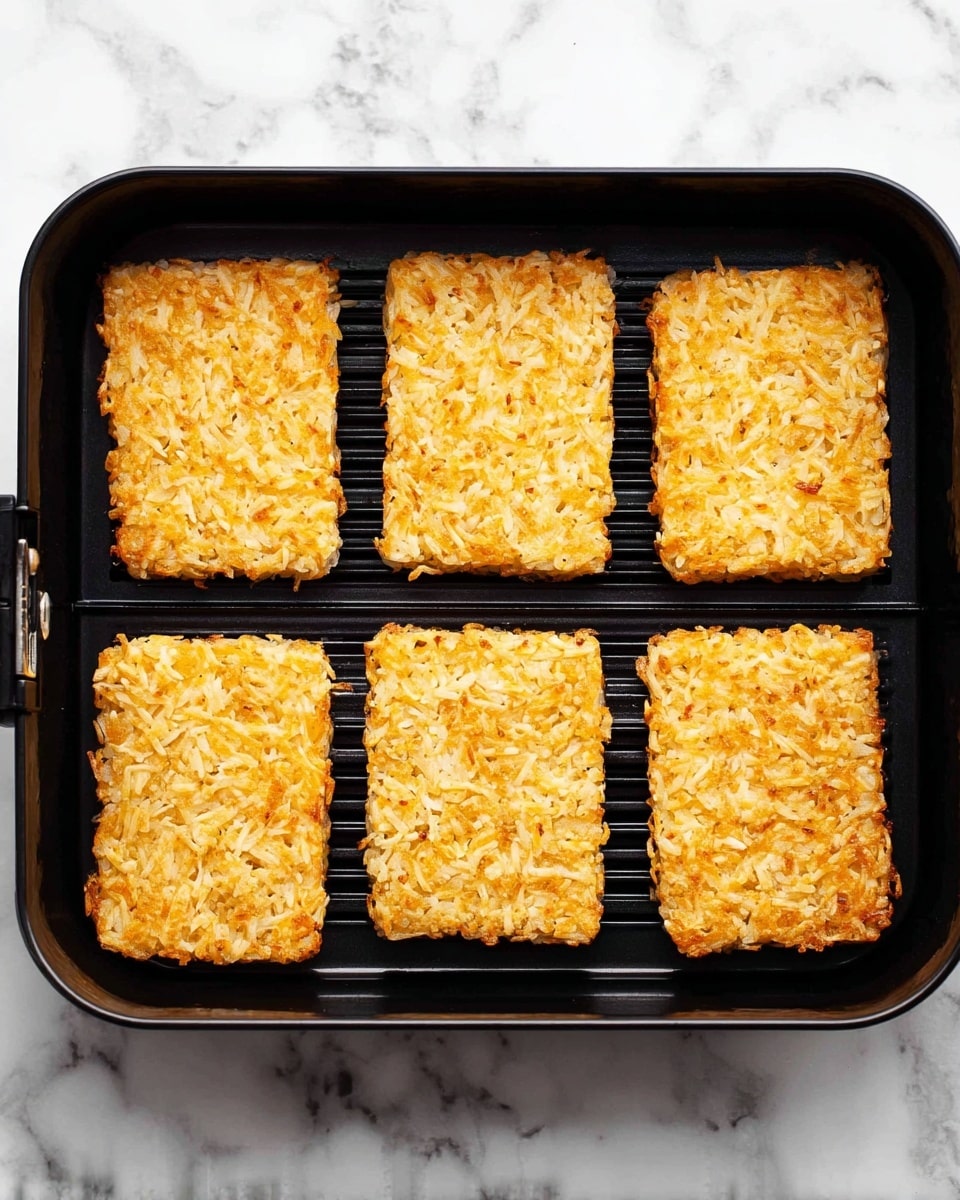 The image shows six uncooked rectangular hash brown patties arranged in two rows of three on a black air fryer tray. Each patty is golden-yellow with a textured surface that reveals bits of shredded potato, and they have slightly crispy edges. The tray is set on a white marbled surface, creating a clean and bright contrast to the warm color of the patties. photo taken with an iphone --ar 4:5 --v 7