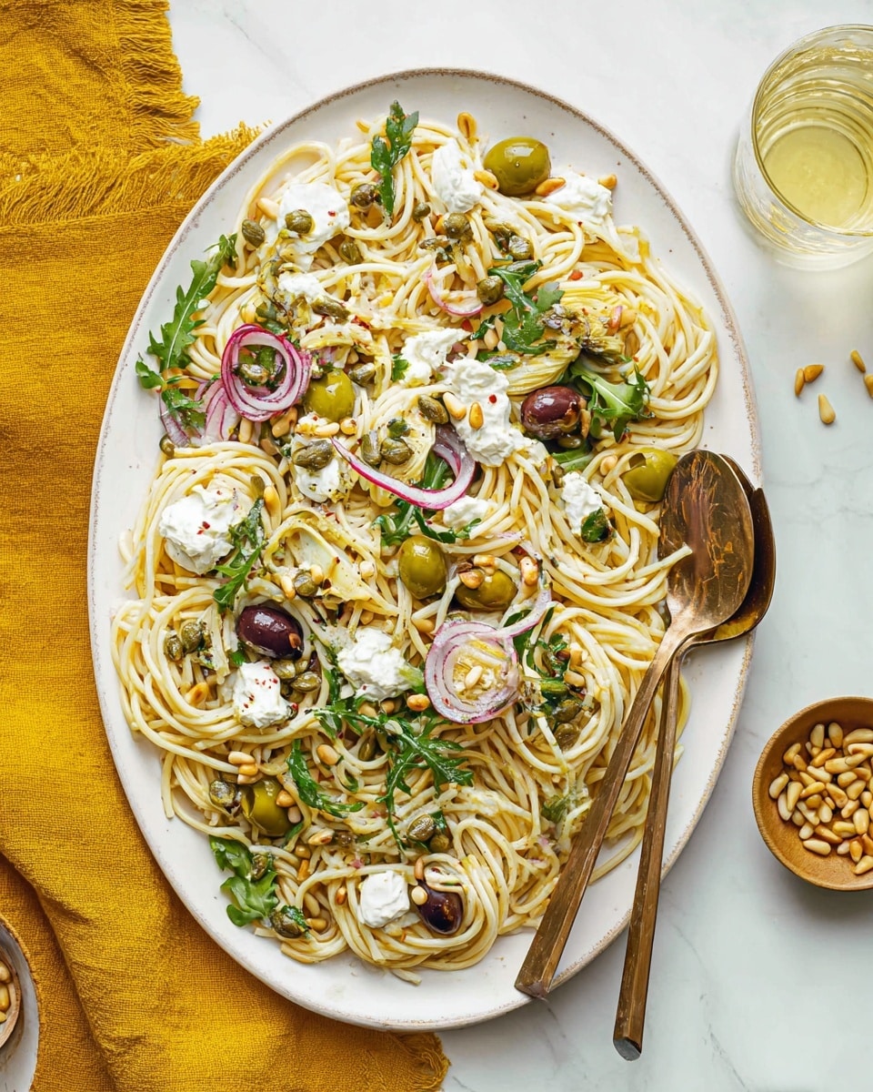 A white oval plate holds a serving of spaghetti layered with thin strands of pale yellow noodles, mixed with scattered bright green olives, starting from the bottom and spread evenly. Thin slices of purple onion weave through the pasta, adding color contrast. Small dollops of creamy white cheese are spread across the dish, alongside light green artichoke pieces and fresh dark green arugula leaves. Toasted pine nuts, golden brown and crunchy, are sprinkled on top, with tiny dark green capers adding detail throughout. Two rustic golden spoons rest on the right side of the plate, slightly inside the pasta. The plate sits on a white marbled surface with a bright mustard cloth on the left, a small bowl of pine nuts on the bottom right, and a glass of light yellow liquid on the right edge. Photo taken with an iphone --ar 4:5 --v 7