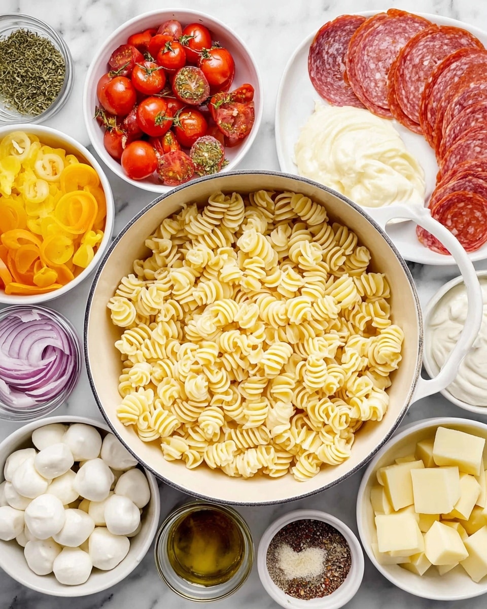 A white cookware pot filled with pale yellow spiral pasta sits on a white marbled surface. Surrounding the pot are small white bowls each holding different ingredients: bright red halved cherry tomatoes with green herb sprinkles, pale yellow cubed cheese, white small mozzarella balls, thin yellow banana pepper rings, light purple thin onion slices, creamy white mayonnaise, sour cream, pale yellow mustard, orange-red thin pepperoni and salami slices on a white plate, dark red vinegar, and a small bowl with mixed green herbs and white spices. The scene is bright and neatly arranged, showing each vibrant ingredient clearly. photo taken with an iphone --ar 4:5 --v 7