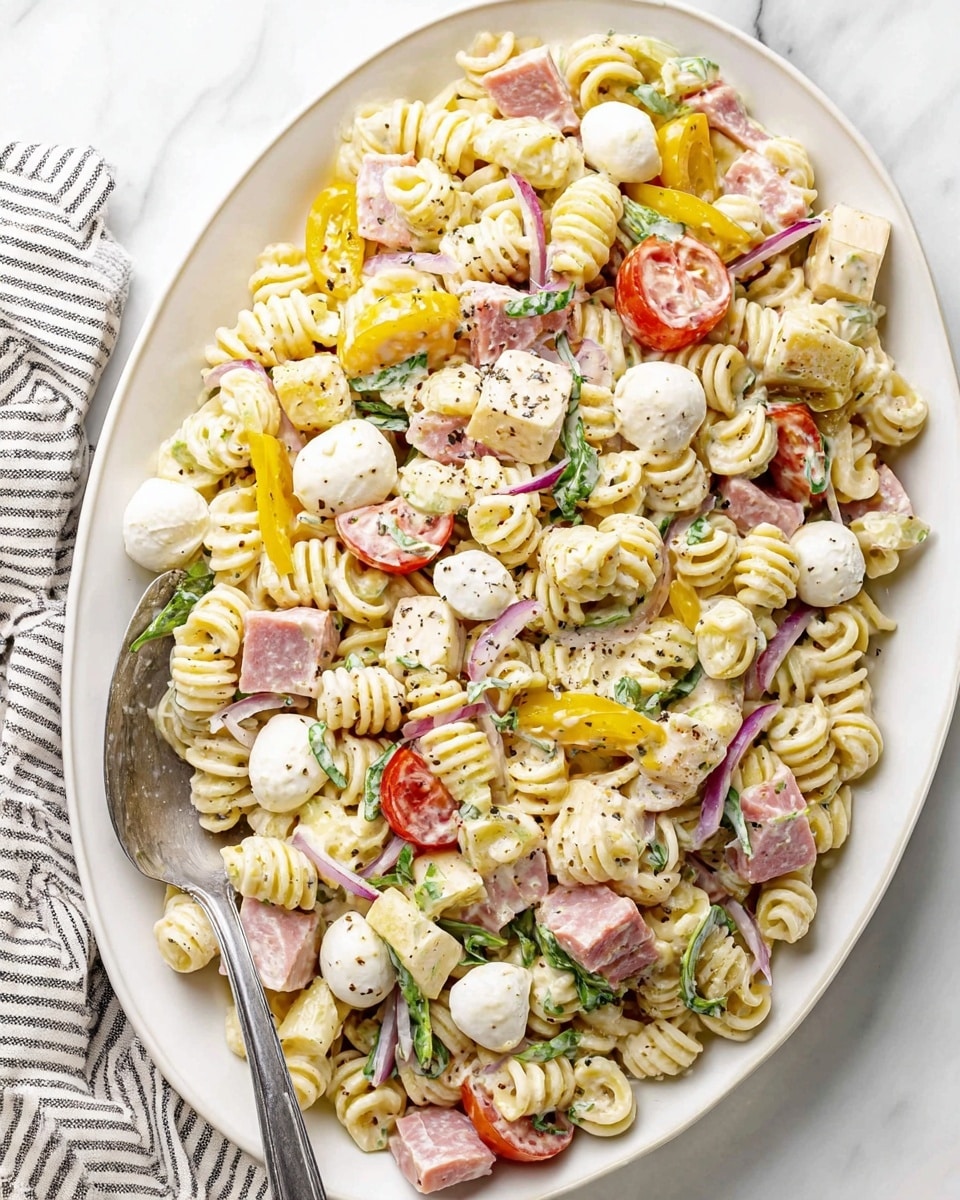 The image shows a large white oval plate filled with a creamy pasta salad made of spiral pasta with a pale yellow color. Scattered through the pasta are thin strips of pink deli meat, small cubes of pale yellow cheese, and bite-sized white mozzarella balls. There are also slices of cherry tomatoes with a red tone, thin slivers of purple onion, and bright yellow pepper rings, mixed with fresh green leafy herbs. Everything is coated in a creamy white dressing and sprinkled with black pepper. A large silver spoon is partly tucked under the salad on the left side. The plate is placed on a white marbled surface with a striped cloth nearby. photo taken with an iphone --ar 4:5 --v 7
