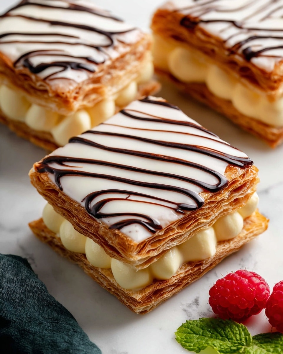 The image shows three square layered pastries on a white marbled surface, each with three visible layers: the bottom and top layers are light golden-brown puff pastry with a crisp texture, while the middle layer is thick and creamy, pale yellow custard-like filling piped in round dollops. The top pastry layer is covered with a smooth white icing that has dark chocolate lines running across it in a wavy pattern. To the right, there are two bright red raspberries and green mint leaves adding a splash of color. Part of a dark green cloth is visible on the left side. Photo taken with an iphone --ar 4:5 --v 7