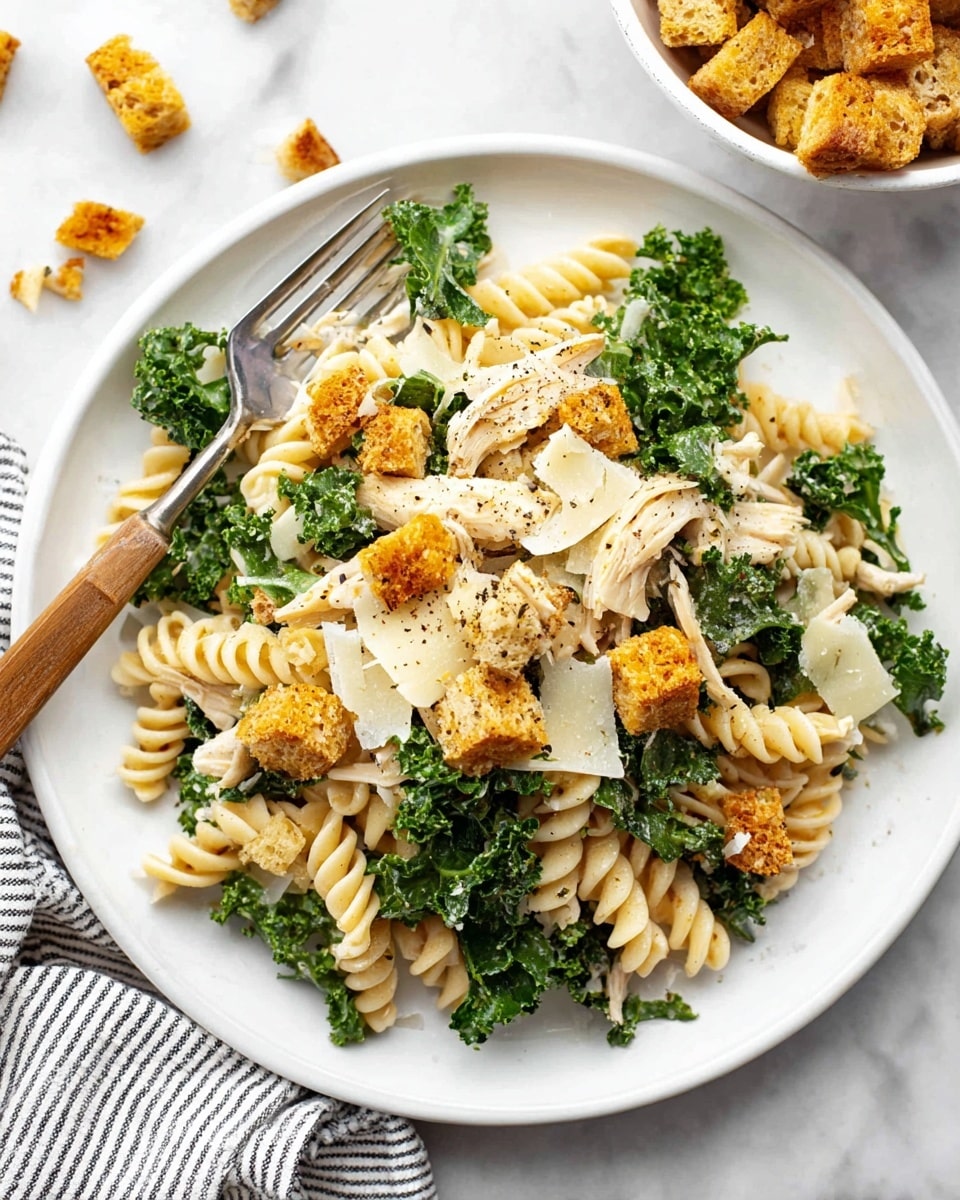 A white plate holds a single serving of pasta salad on a white marbled surface. The dish features three main layers: at the bottom, light beige spiral pasta with a soft texture; mixed throughout are dark green curly kale leaves adding a fresh, leafy texture; and scattered on top, golden-brown crunchy croutons along with small chunks of white chicken pieces. Light shavings of pale yellow cheese and a sprinkle of black pepper complete the look. On the left side of the plate, a metal fork with a wooden handle rests partially on the plate. Nearby, there are extra croutons scattered around and a white bowl filled with more. A striped cloth napkin sits under the plate at the bottom left corner. photo taken with an iphone --ar 4:5 --v 7