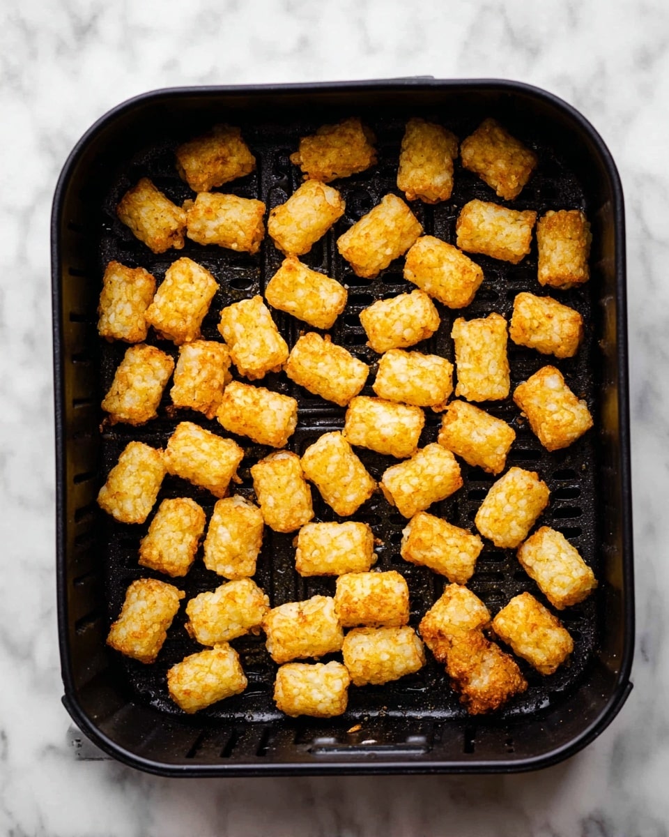 The image shows a black air fryer basket filled with about 40 small, golden brown tater tots. Each tater tot is uniformly shaped, crispy on the outside with a rough, textured surface. They are spread out evenly across the mesh bottom of the basket which has small rectangular holes. The basket sits on a white marbled surface, creating a clean and simple background. The tater tots look crunchy and cooked to a perfect golden color. Photo taken with an iphone --ar 4:5 --v 7