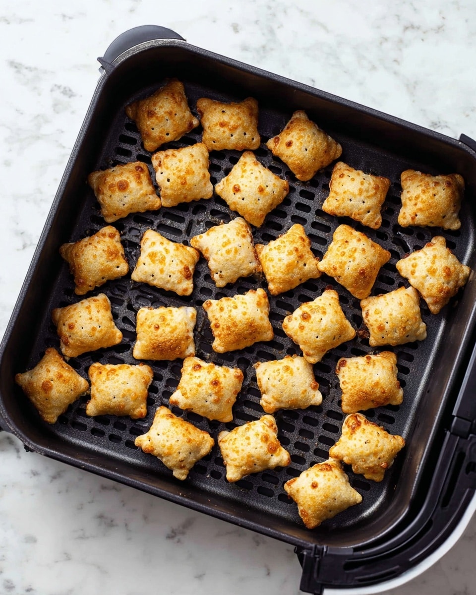 A black rectangular air fryer tray holds 20 small, golden-brown pillow-shaped snacks evenly spread across the surface. Each snack is puffy with a slightly crispy texture, showing tiny bubbles on the surface and a few browned spots, indicating they were cooked to a light and crunchy finish. The tray sits on a white marbled countertop, giving a clean and bright look to the composition. photo taken with an iphone --ar 4:5 --v 7