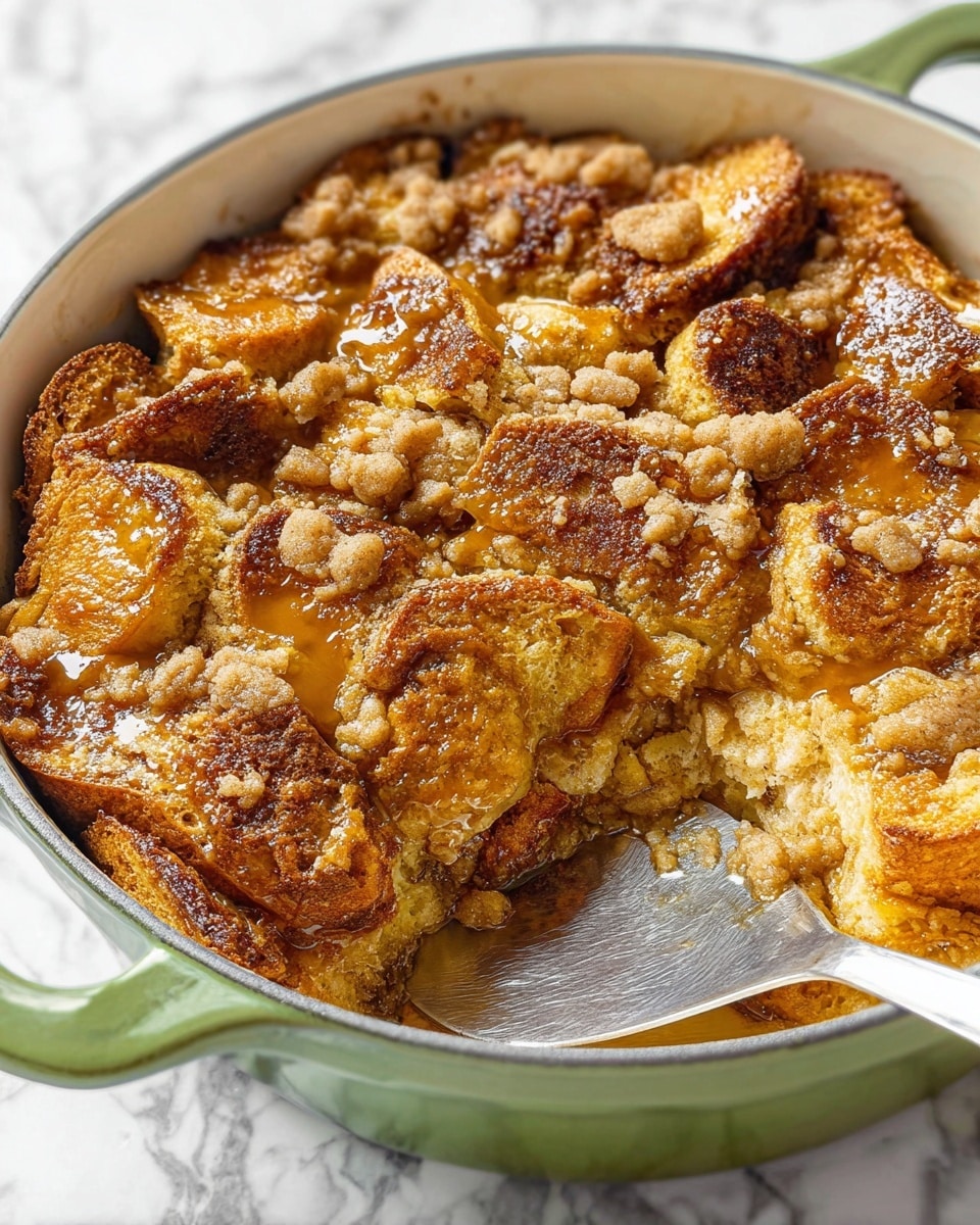 The image shows a close-up of a baked dessert inside a white pot with green handles. The dish has multiple layers of toasted bread pieces that are golden brown with a crunchy texture. On top, there is a crumbly layer with small, uneven pieces that are light brown and give a rough texture. The dessert looks shiny in some areas because of a syrup or glaze spread over the top, adding a glossy look. A metal spatula is partially inserted into the dessert, showing the thick and soft inside of the bread pudding. The background has a white marbled texture. photo taken with an iphone --ar 4:5 --v 7