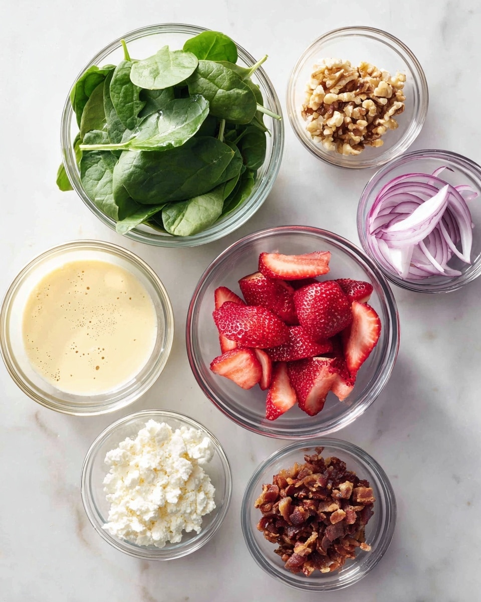 The image shows seven clear glass bowls arranged on a white marbled surface. The largest bowl at the bottom contains bright red strawberry slices with a juicy texture. To its left, a medium bowl holds fresh dark green spinach leaves with visible veins and a smooth texture. At the top left, a small bowl is filled with a creamy light yellow dressing that has small bubbles on the surface. Next to it, another small bowl contains crunchy-looking chopped walnuts that are light brown. To the right of the walnuts, a small bowl has thin slices of purple onion, showing both curved and straight shapes. Below the onions, a small bowl holds white crumbly cheese with a rough texture. To its right, there is another small bowl filled with crispy bits of browned bacon. All bowls have clear surfaces and are placed on the white marbled surface in a neat, slightly scattered layout. photo taken with an iphone --ar 4:5 --v 7