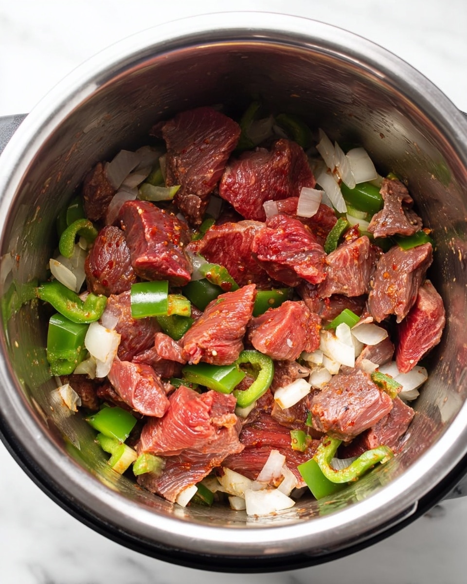 In a stainless steel pot, there are several layers starting with small pieces of green bell pepper and white chopped onion scattered at the bottom. On top of this, slices of red meat with a slightly cooked outer edge and a raw inner look form the main layer. The meat is cut into uneven chunks, some folded over, showing a mix of red and brown colors. The vegetables peek through gaps between the meat pieces, adding a fresh green and white contrast to the red meat inside the pot. The pot sits on a white marbled surface. photo taken with an iphone --ar 4:5 --v 7