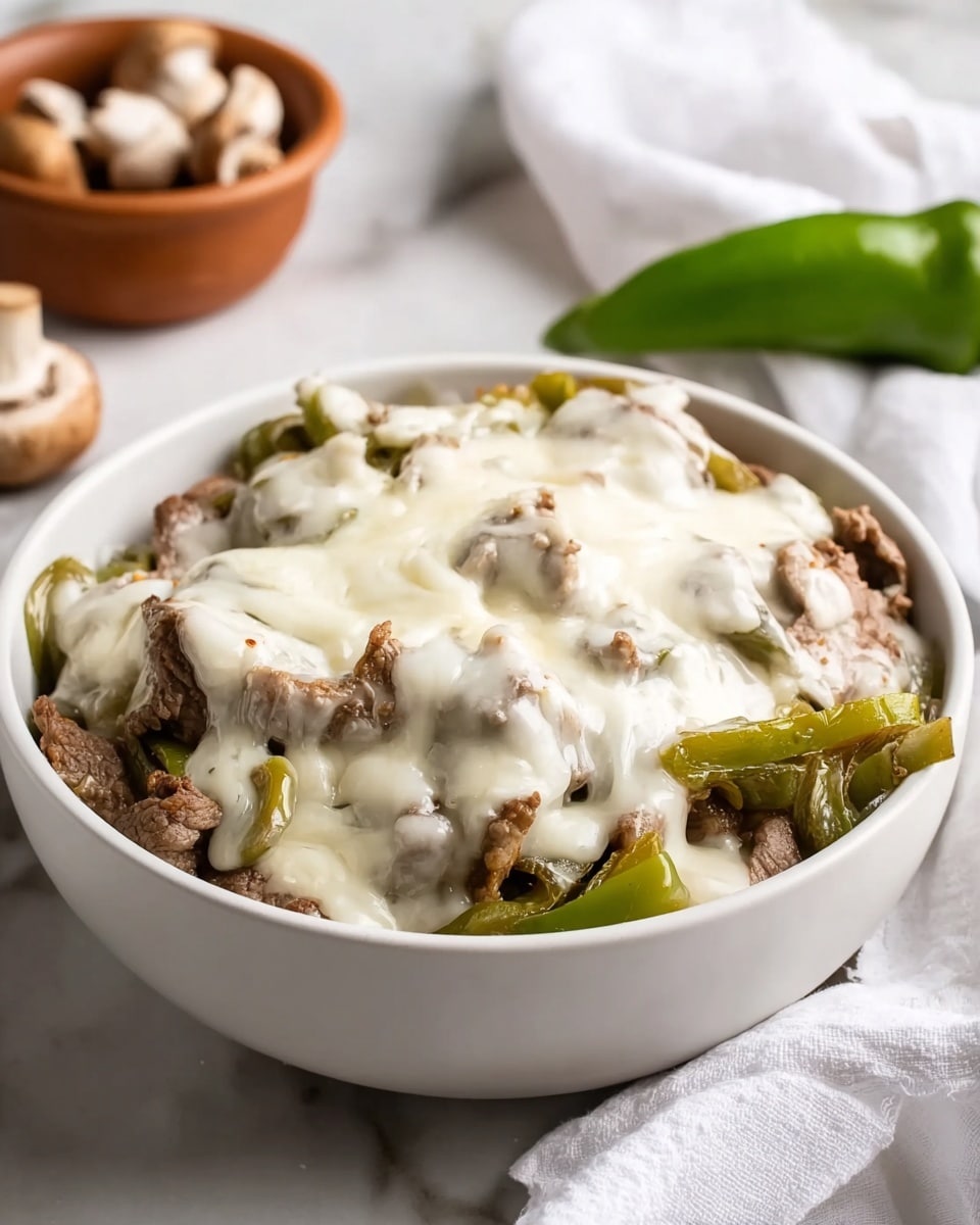 A white bowl is filled with layers of cooked beef pieces and green pepper slices at the bottom, all covered with a thick layer of melted white cheese that drapes over the meat and veggies, giving a soft, creamy texture on top. The bowl sits on a white marbled surface with a white cloth nearby, and a green pepper rests in the background. To the left, there is a small clay dish with some mushrooms inside. photo taken with an iphone --ar 4:5 --v 7