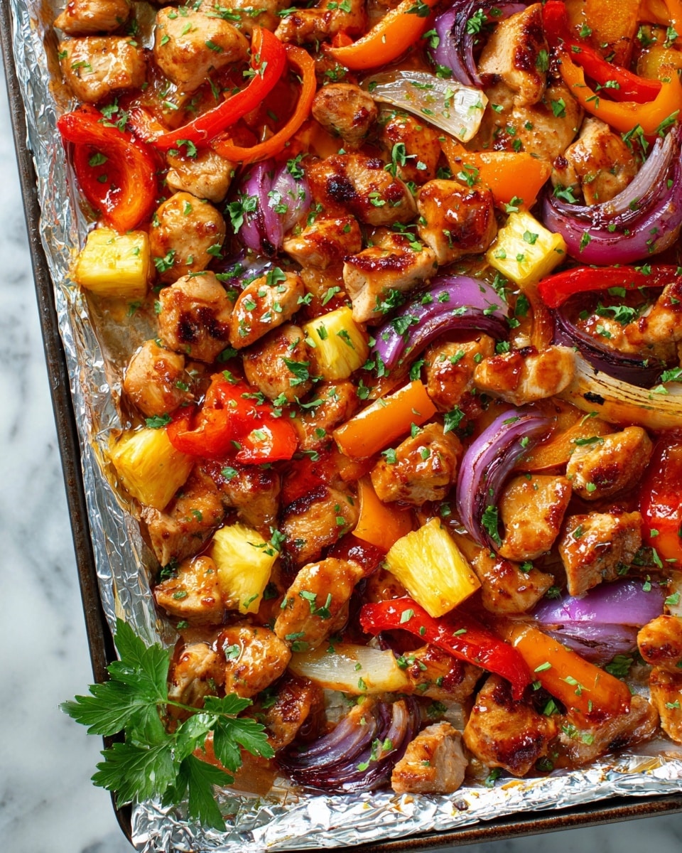 This image shows a close-up of a baked dish on a foil-lined tray placed on a white marbled texture. The dish has several layers of ingredients: the first layer features chunks of cooked light brown chicken pieces scattered evenly. Mixed with this are bright red and orange bell pepper slices, and curved slices of purple onion, slightly charred. Small yellow pineapple cubes are also spread throughout, adding more color. The entire dish is sprinkled with finely chopped green herbs for a fresh look. There is a sprig of parsley on the bottom left corner. The colors are vivid, and the food looks juicy and glazed. photo taken with an iphone --ar 4:5 --v 7