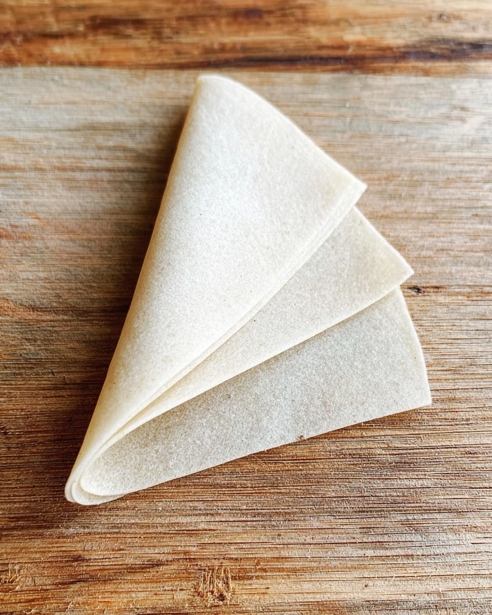 A stack of three light beige, thin round sheets folded diagonally into triangles, neatly layered one on top of the other on a wooden surface with visible grain and texture. The sheets have a smooth, slightly powdery texture and soft edges. photo taken with an iphone --ar 4:5 --v 7