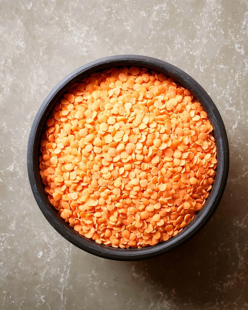 A round black bowl is filled to the top with small, flat, orange lentils. The lentils cover the whole surface evenly, showing their smooth and round texture. The bowl is placed on a white marbled surface, creating a clean and simple look. The photo taken with an iphone --ar 4:5 --v 7